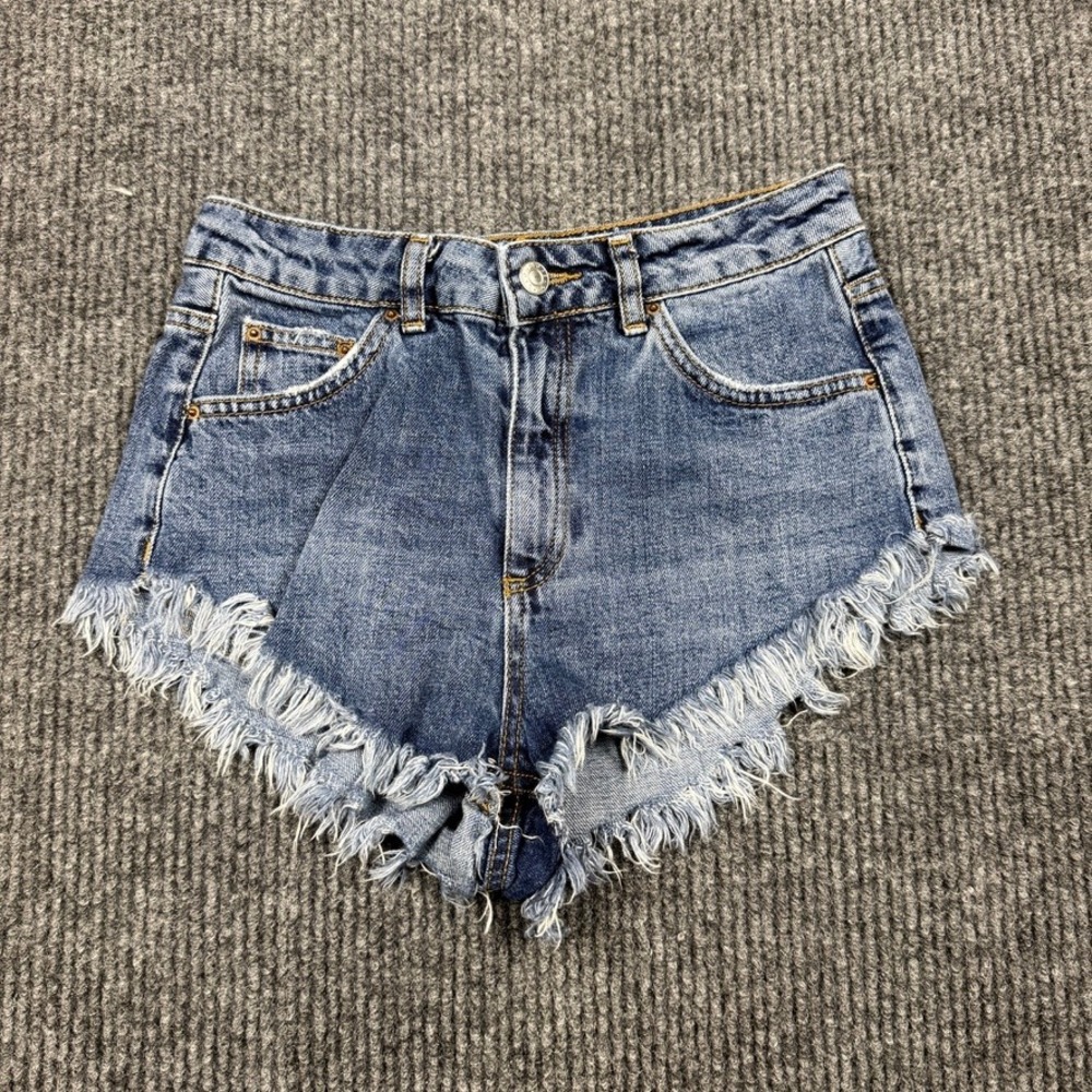 Topshop Moto Kiri High Waisted Frayed Raw Hem Denim Jean Shorts Blue Size 4